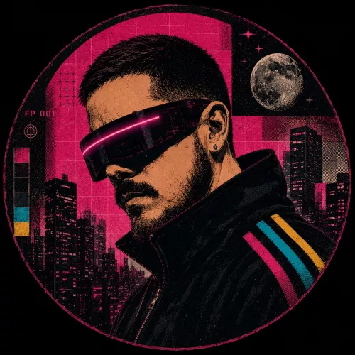 Retrato artístico de Franco Pogo con visor futurista, sobre un fondo retrofuturista en tonos magenta y negro, con una ciudad y una luna.