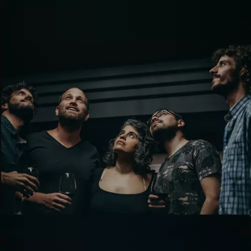 Todos los integrantes del quinteto mirando hacia arriba, informal. 