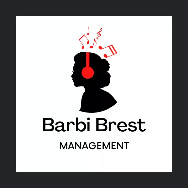 Isologo que identifica mi propuesta como manager, es la silueta de una mujer con auriculares y notas musicales en su cabeza. Figura el texto "Barbi Brest MANAGEMENT"