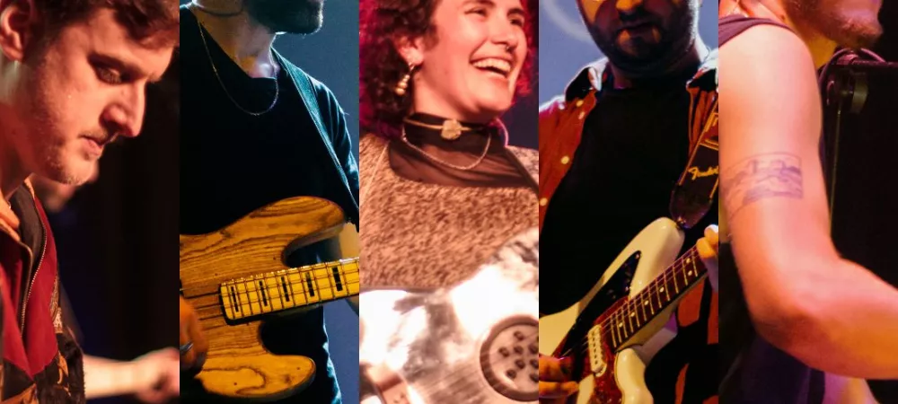 Collage de lxs integrantes de Merlot's tocando en vivo.