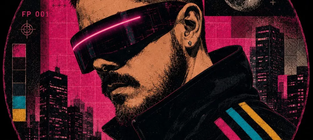Retrato artístico de Franco Pogo con visor futurista, sobre un fondo retrofuturista en tonos magenta y negro, con una ciudad y una luna.