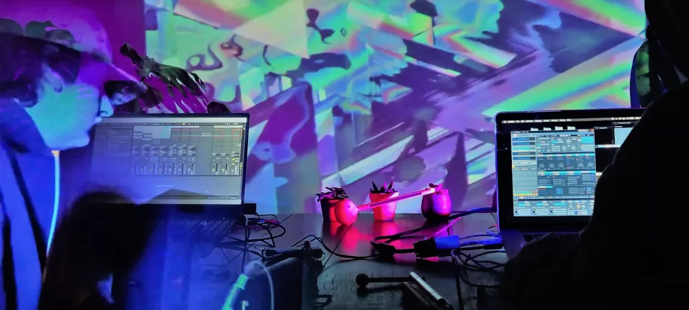 Performance audiovisual de arte generativo, donde las visuales son creadas en tiempo real a partir de datos extraídos del sonido, y construyen paisajes oníricos donde conviven lo tecnológico y lo orgánico.